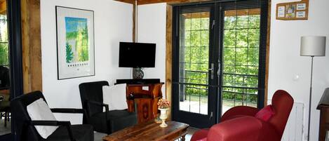 Televisie, een open haard, Netflix en een dvd-speler