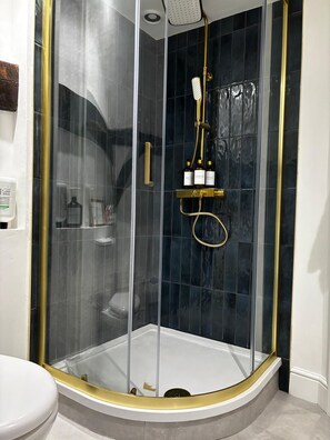 Dusche, Haartrockner, Handtücher, Shampoo