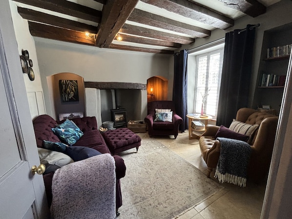 Smart-TV, Kamin, Bücher, Videothek