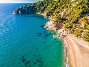 Un paisaje costero con una playa, acantilados rocosos y abundante vegetación.