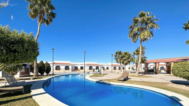 Piscina com espreguiçadeiras, palmeiras e um edifício com janelas em arco ao fundo.
