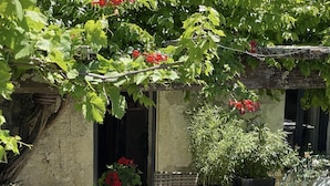 Un patio con mesa y sillas, rodeado de macetas con plantas y un muro de piedra.