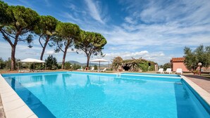 A rectangular swimming pool with clear blue water, surrounded by lounge chairs and umbrellas.