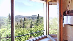 Une pièce dotée d’une grande fenêtre donnant sur un vignoble et des collines lointaines.