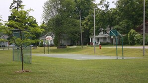 Een gazon met een basketbalveld, een kleine boom en een huis op de achtergrond.