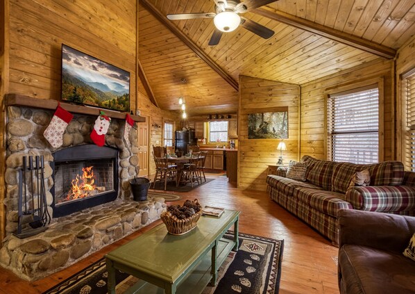 Smart TV, fireplace, video games, DVD player