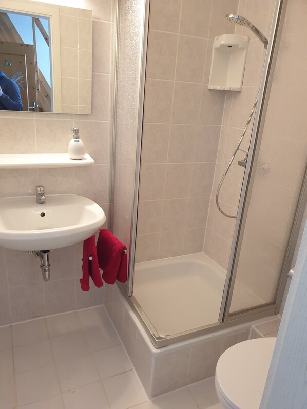 Un baño con lavamanos, espejo, ducha e inodoro.