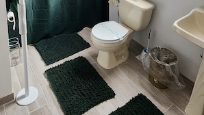 A bathroom with a shower, toilet, and sink. - Happy Days and Nights - Valiant (Harbor Springs)