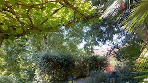An outdoor dining area with a table set for four, surrounded by wicker chairs, under a canopy of trees.