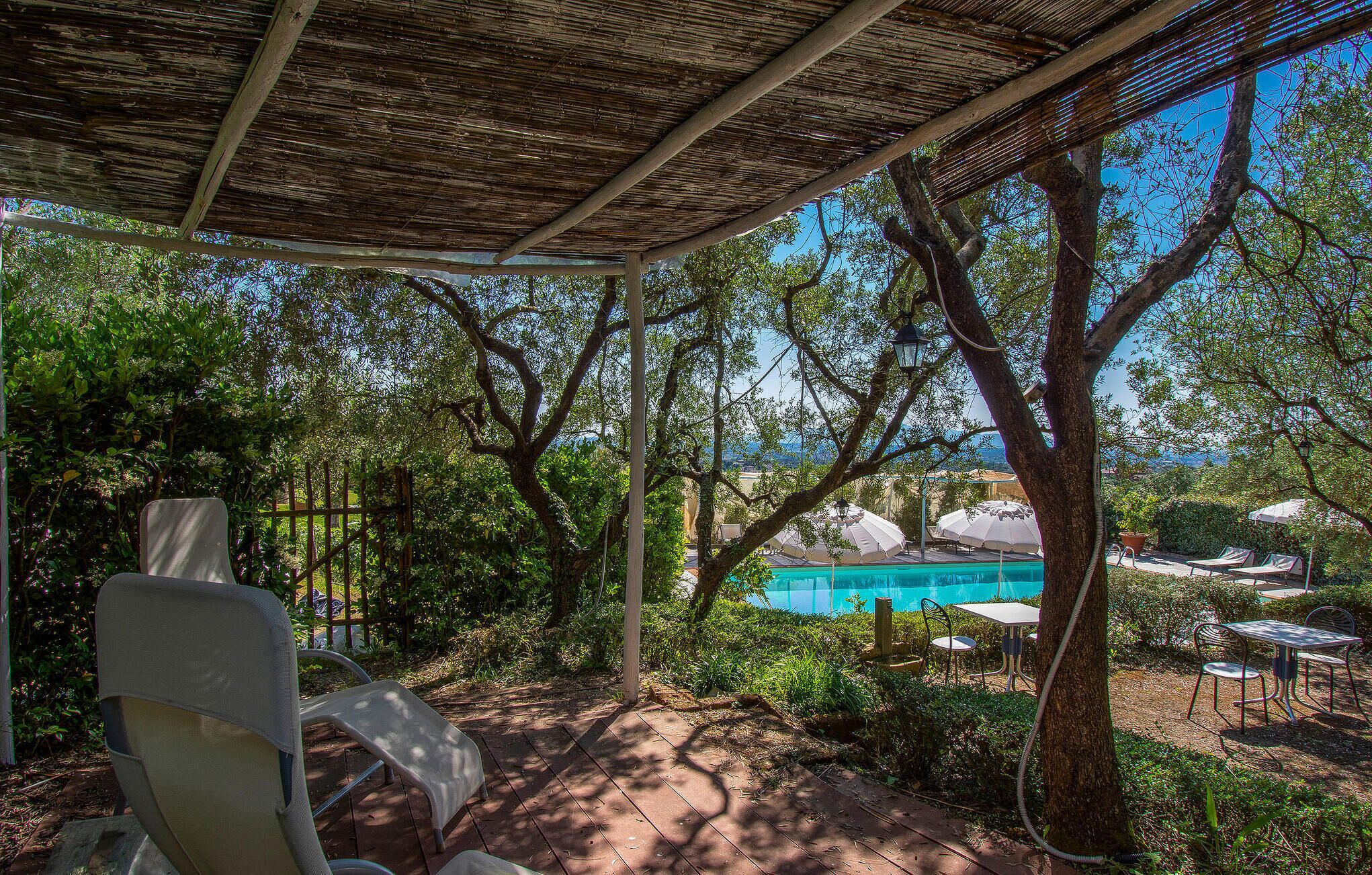 A covered outdoor area with a pool, chairs, and umbrellas.