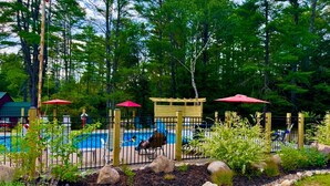 A pool area with a wooden pergola, red umbrellas, and a fenced deck. - Hide-A-Way Cabin, Pool & AC, Authetic Adirondack Cabin Steps from Loon Lake (Chestertown)