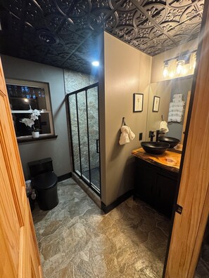 Combined shower/bathtub, hair dryer, towels, soap - 30 acres, steam sauna, hot tub, 7 beds, sleeps 10. We LOVE dogs! (Onekama)