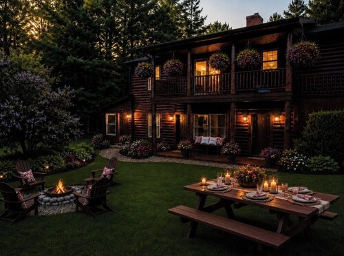 30 acres, steam sauna, hot tub, 7 beds, sleeps 10. We LOVE dogs!
