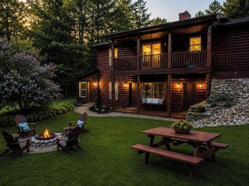 30 acres, steam sauna, hot tub, 7 beds, sleeps 10. We LOVE dogs!