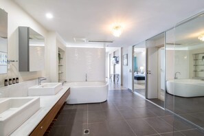 Shower, hair dryer, towels