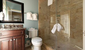 Combined shower/bathtub, towels, soap, toilet paper