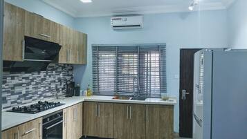 Fridge, microwave, oven, electric kettle