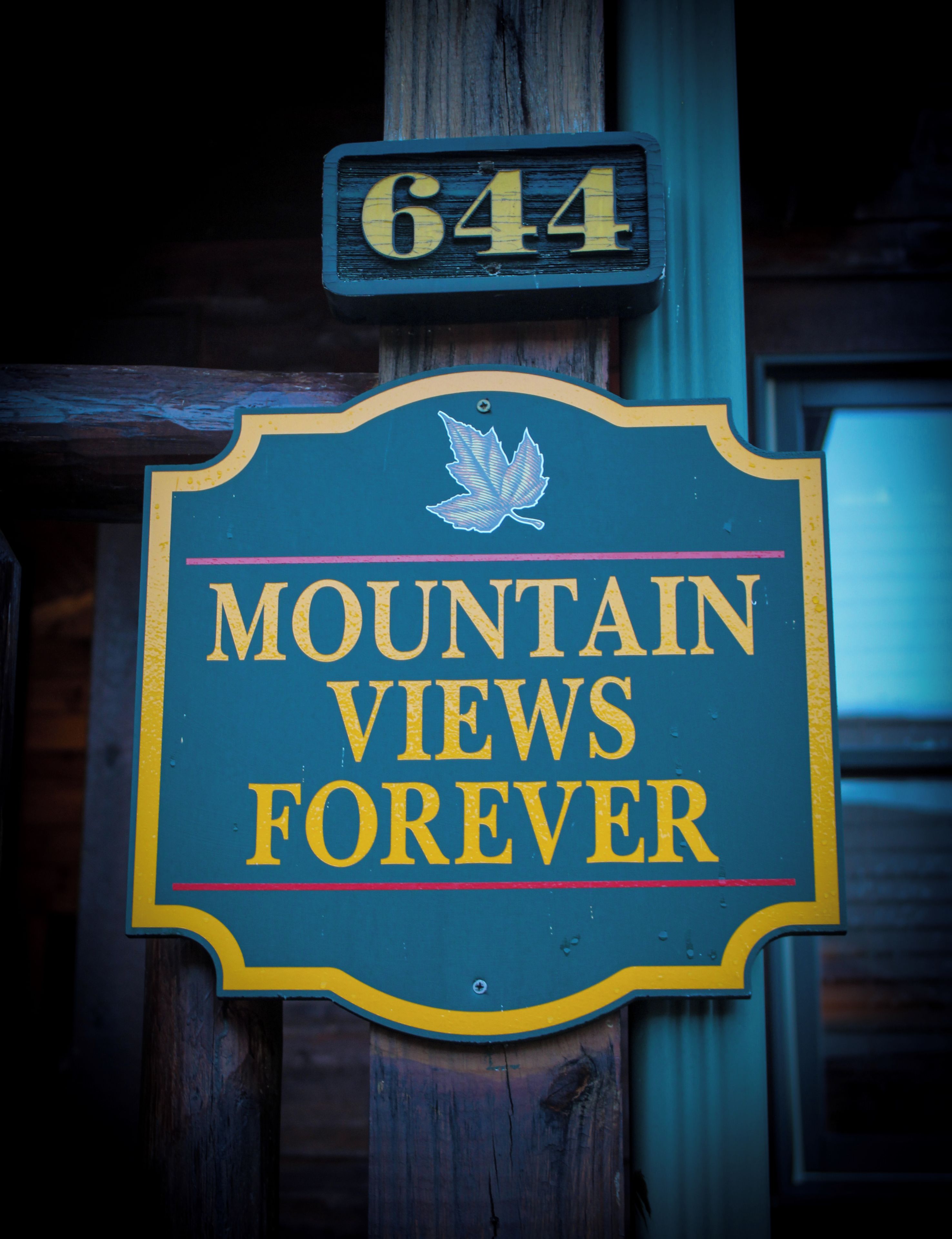 A wooden sign with the text 'MOUNTAIN VIEWS FOREVER' and a number '644' above it.