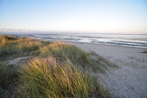 Een strand met duinen en een helder uitzicht op de oceaan.