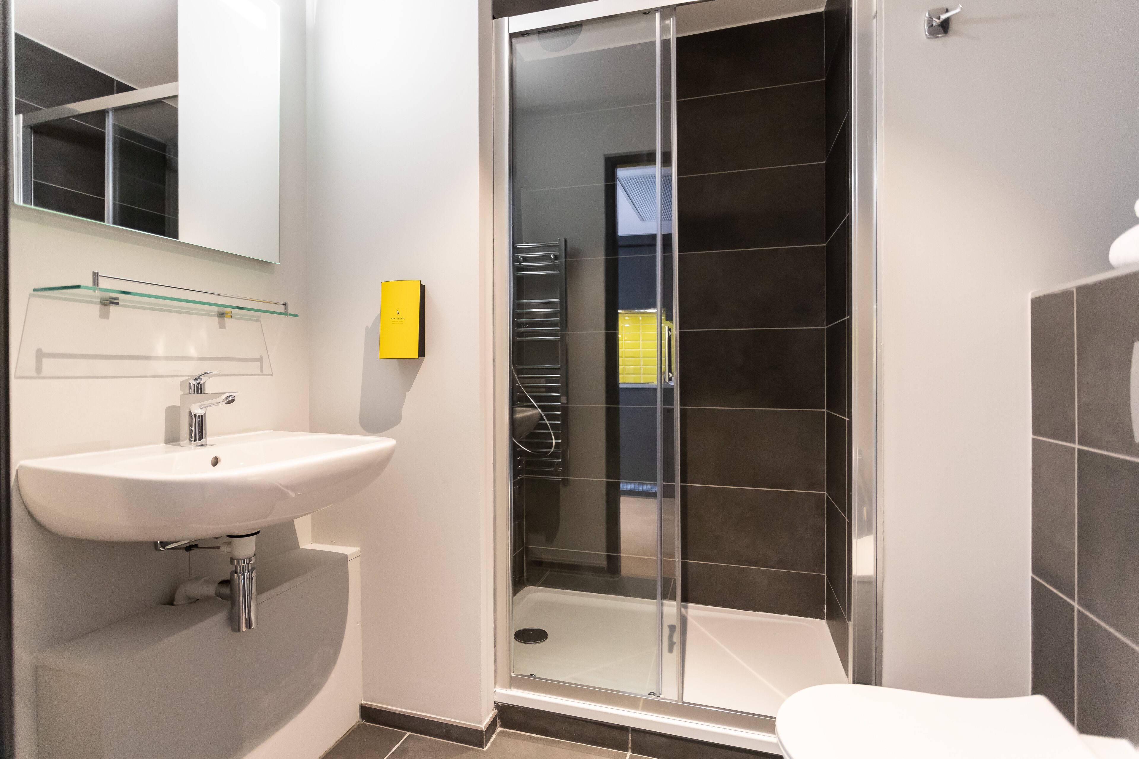 A modern bathroom with a glass shower enclosure, a white sink, and a toilet.