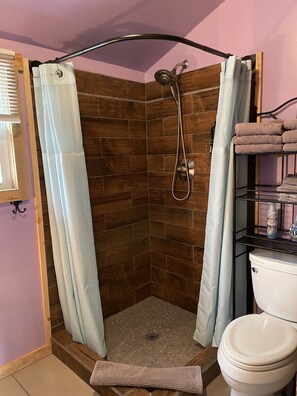 Shower, hair dryer, towels, soap