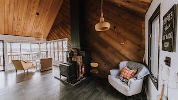 Smart TV, fireplace, books, stereo