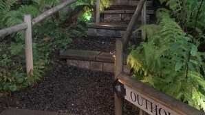 A wooden staircase leading to a building labeled "OUTHOUSE" amidst a lush garden with ferns and trees. - Lakefront Cabin in Eatonville, WA (Eatonville)