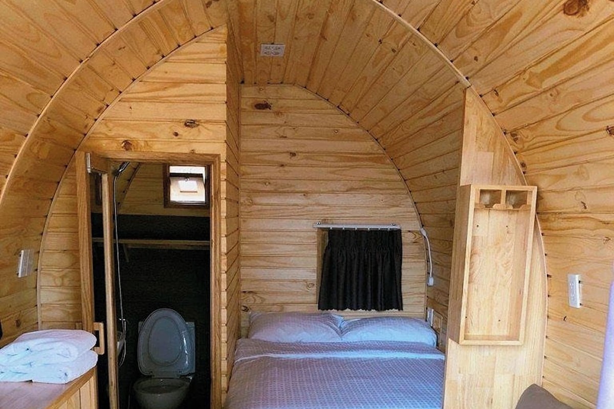 A compact RV interior with a bed, a small bathroom, and a seating area.