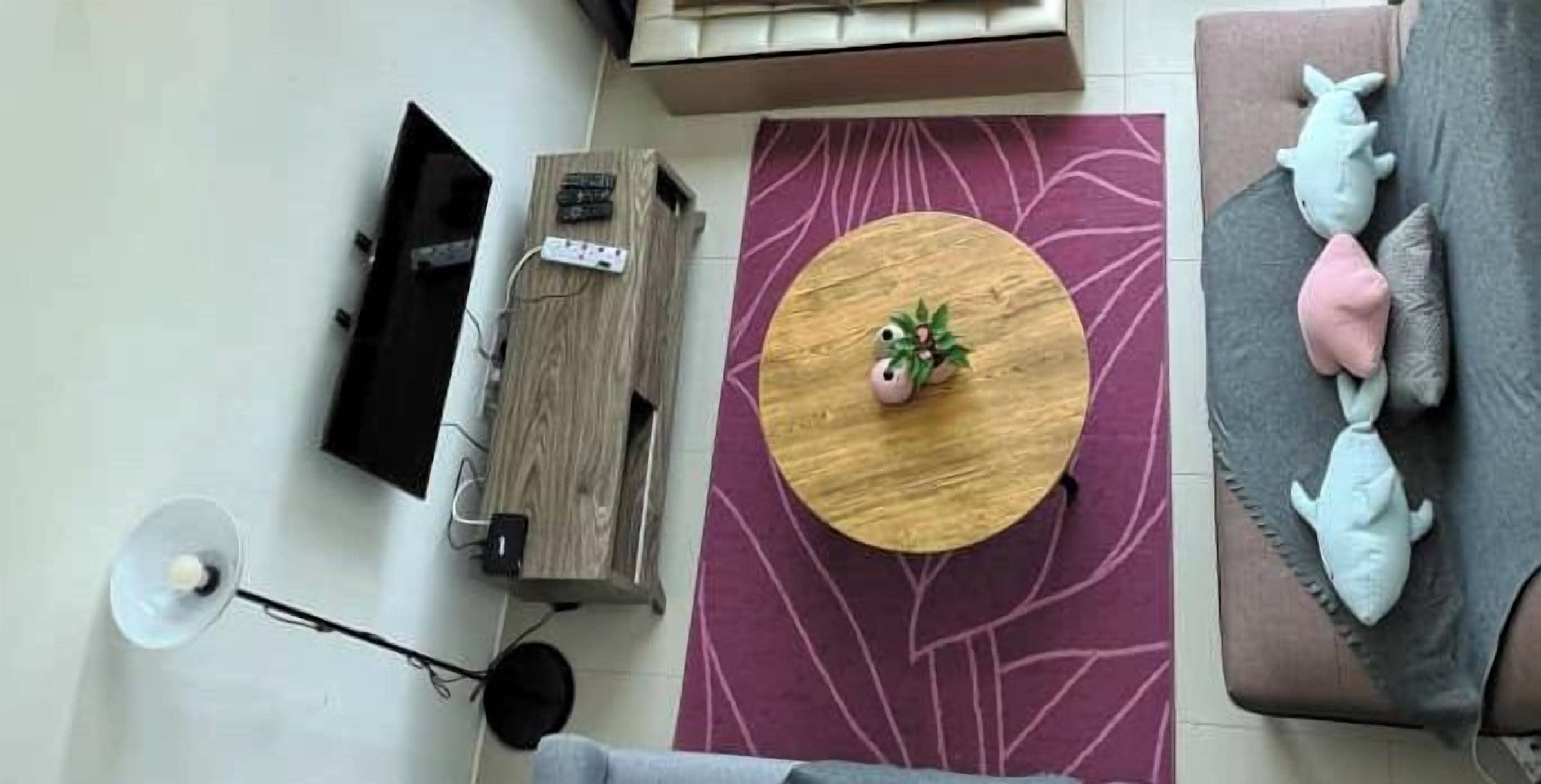 Una sala de estar moderna con una mesa redonda de madera, un sofá con cojines con forma de tiburón y una alfombra grande morada.