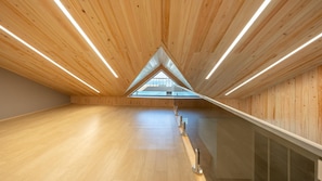 Une pièce mansardée spacieuse avec des lambris en bois au plafond et un puits de lumière.