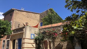 Een klassiek stenen gebouw met een blauwe deur, een klein balkon en een stenen muur begroeid met klimplanten.
