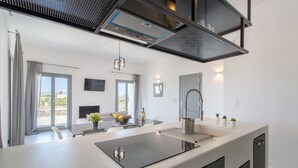 Una cucina moderna con una grande isola, elettrodomestici integrati e vista sull'esterno.