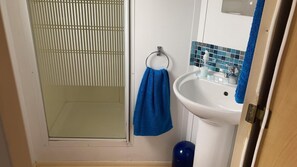 Et badeværelse med bruser, vask og håndklædestang.