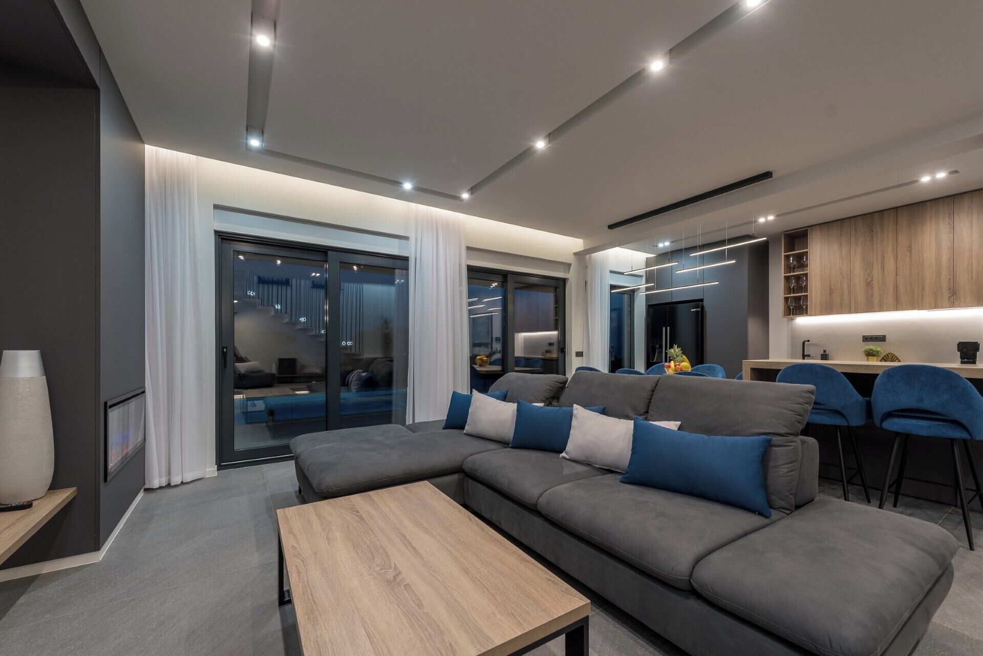 Smart TV, fireplace, video games, foosball