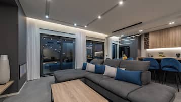 Smart TV, fireplace, video games, foosball