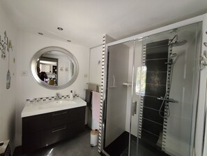 Shower, hair dryer, towels, soap - Meublé 3 *** piscine campagne 4 pers Châteaux de la Loire - Beauval Zoo (Saint BRANCHS)