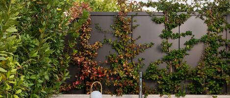 A modern outdoor hot tub area with a wooden deck, surrounded by lush greenery and a grey wall.
