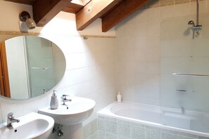 Combined shower/bathtub, hair dryer, bidet, towels