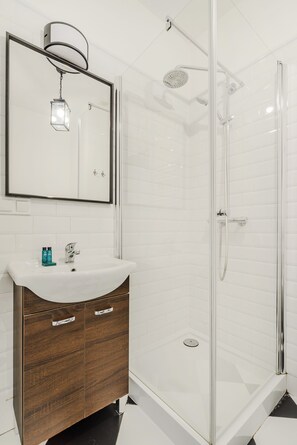 Appartement Deluxe | Salle de bain | Douche, séchoir à cheveux, savon, shampooing