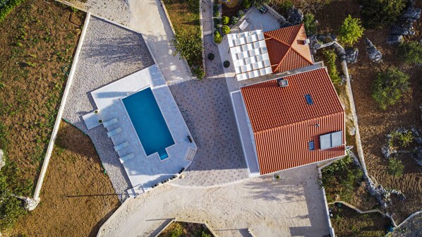 Outdoor pool, pool umbrellas, pool loungers