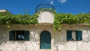 A building with a green door, two windows with shutters, and a balcony with vines.