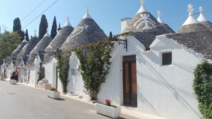 A row of white buildings with conical roofs and ivy growing on the walls.