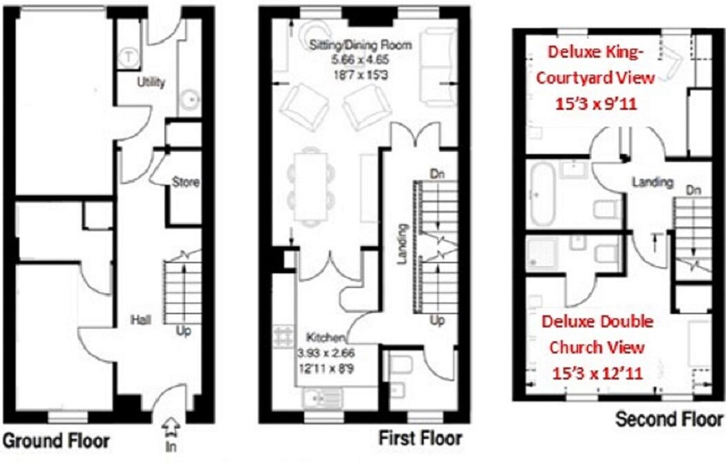 L’hôtel est aménagé sur trois étages : un rez-de-chaussée, un premier étage et un deuxième étage. Le rez-de-chaussée comprend une pièce utilitaire, un magasin et un hall. Le premier étage comprend un salon/salle à manger, une cuisine et un palier. Le deuxième étage propose une chambre de luxe avec vue sur la cour et une chambre double de luxe avec vue sur l’église.