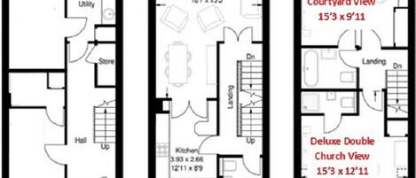 L’hôtel est aménagé sur trois étages : un rez-de-chaussée, un premier étage et un deuxième étage. Le rez-de-chaussée comprend une pièce utilitaire, un magasin et un hall. Le premier étage comprend un salon/salle à manger, une cuisine et un palier. Le deuxième étage propose une chambre de luxe avec vue sur la cour et une chambre double de luxe avec vue sur l’église.