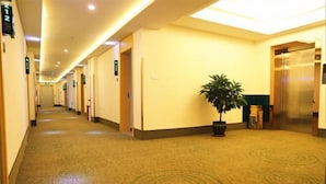 A hotel corridor with carpeted floors, doors, and a potted plant. - Greentree Inn Business Hotel (Shenyang Huaxiang Shengjing Hospital) (Shenyang)