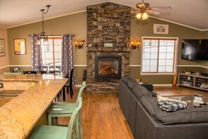 Smart TV, fireplace, computer monitors