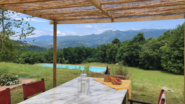 A covered outdoor area with a pool, a table, and chairs.