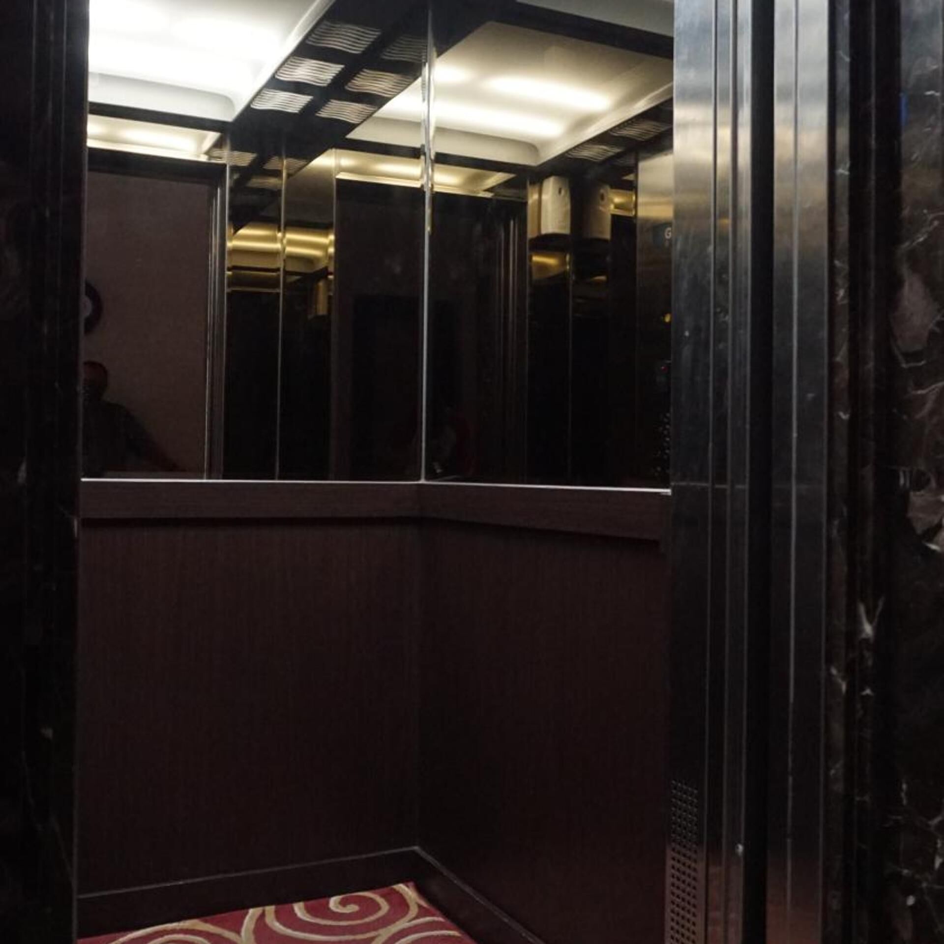 L’intérieur d’un ascenseur est doté d’un mur réfléchissant, d’un tapis à motifs et d’un plafond avec des luminaires encastrés.