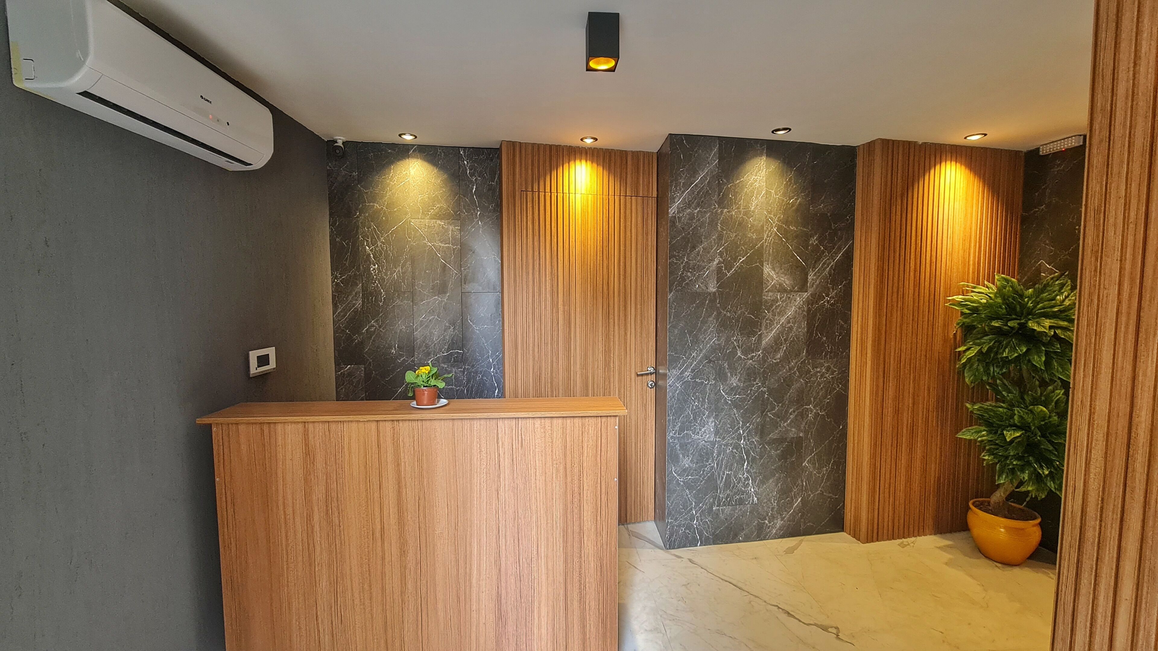 A reception area with a wooden reception desk, marble walls, recessed lighting, and a potted plant.
