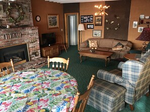 TV, fireplace, DVD player, books